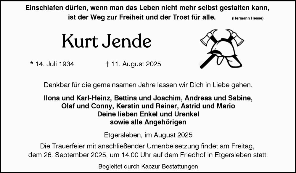  Traueranzeige für Kurt Jende vom 23.08.2025 aus 