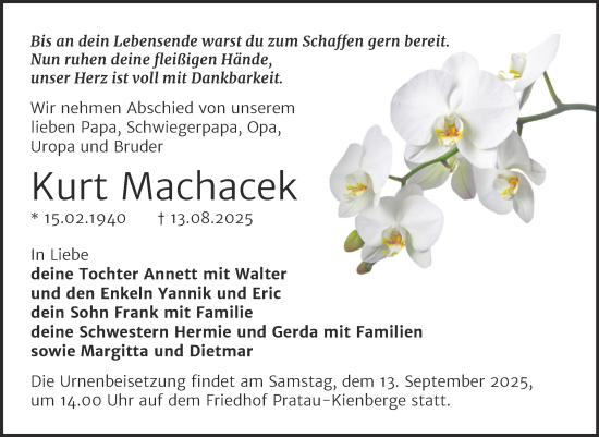 Traueranzeige von Kurt Machacek von Trauerkombi Wittenberg