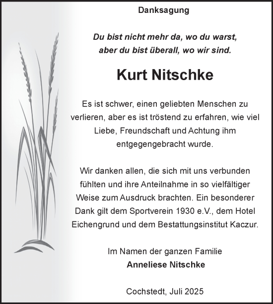 Traueranzeige von Kurt Nitschke von Volksstimme Staßfurt