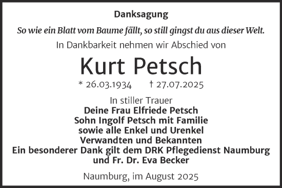 Traueranzeige von Kurt Petsch von Super Sonntag Naumburg/Nebra