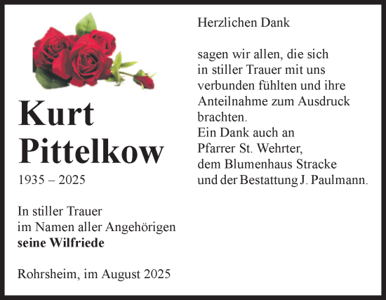 Traueranzeige von Kurt Pittelkow von Volksstimme Halberstadt