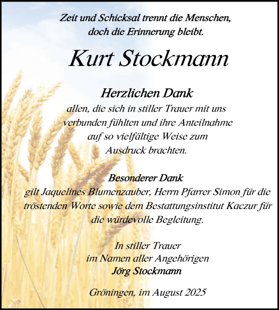 Traueranzeige von Kurt Stockmann von Volksstimme Oschersleben/Wanzleben