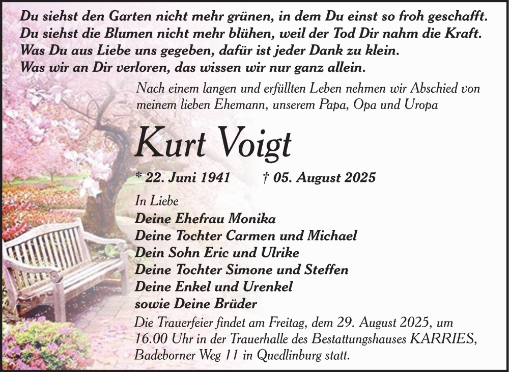  Traueranzeige für Kurt Voigt vom 16.08.2025 aus Trauerkombi Quedlinburg