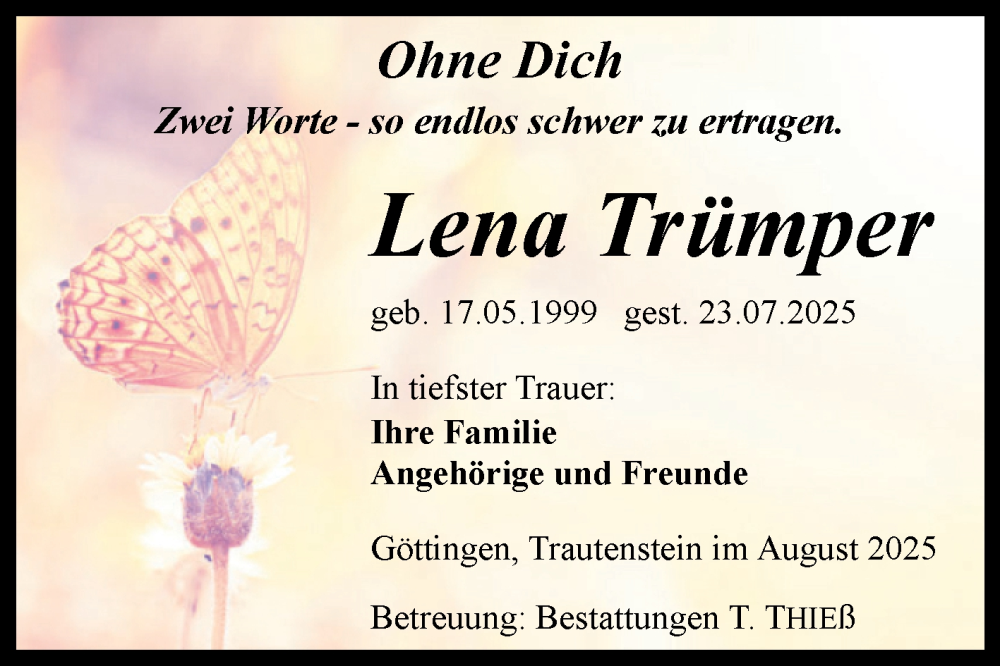  Traueranzeige für Lena Trümper vom 16.08.2025 aus Volksstimme Wernigerode