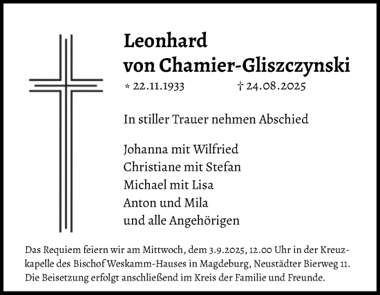 Traueranzeige von Leonhard von Chamier-Gliszczynski von Volksstimme Magdeburg