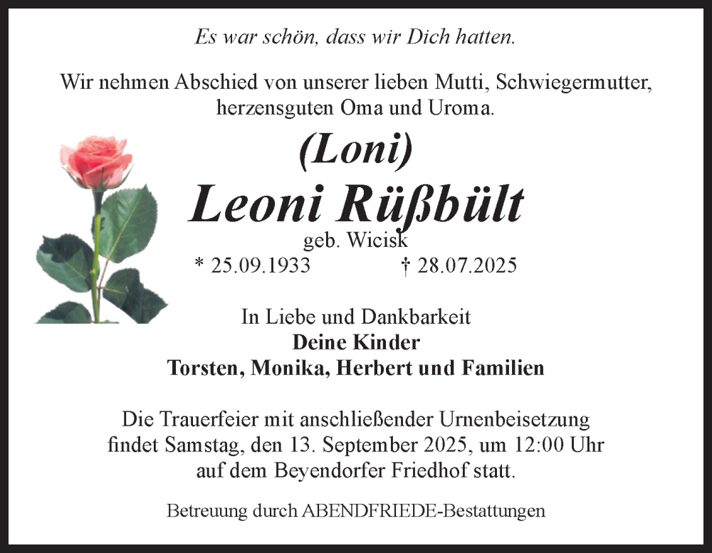  Traueranzeige für Leoni Rüßbült vom 09.08.2025 aus Volksstimme Magdeburg