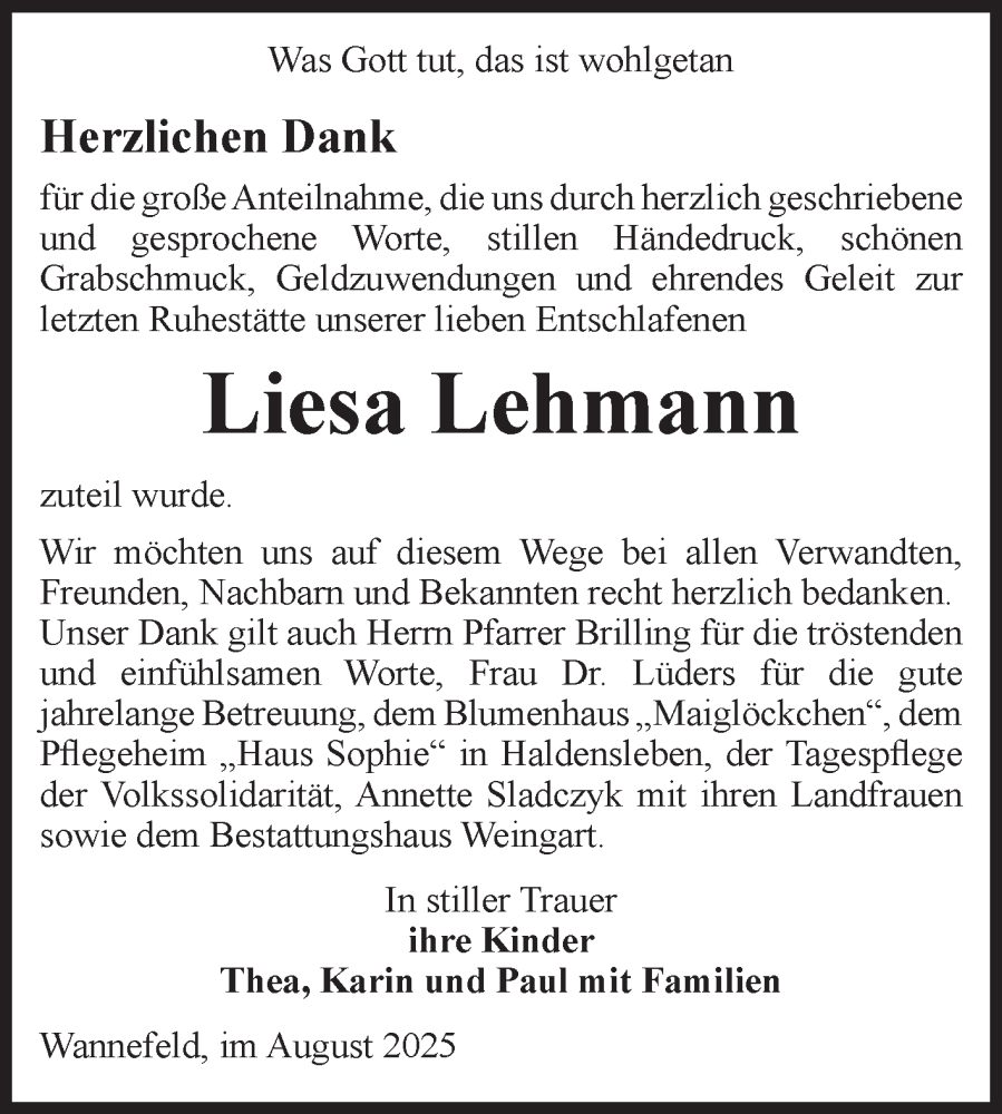  Traueranzeige für Liesa Lehmann vom 09.08.2025 aus Volksstimme Altmark West
