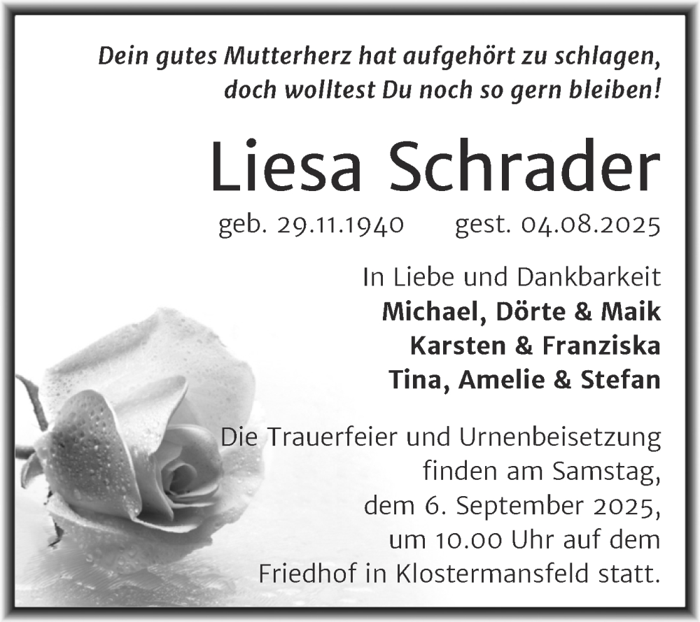  Traueranzeige für Liesa Schrader vom 30.08.2025 aus Trauerkombi Mansfelder Land