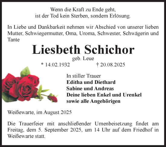 Traueranzeige von Liesbeth Schichor von Volksstimme Altmark Ost
