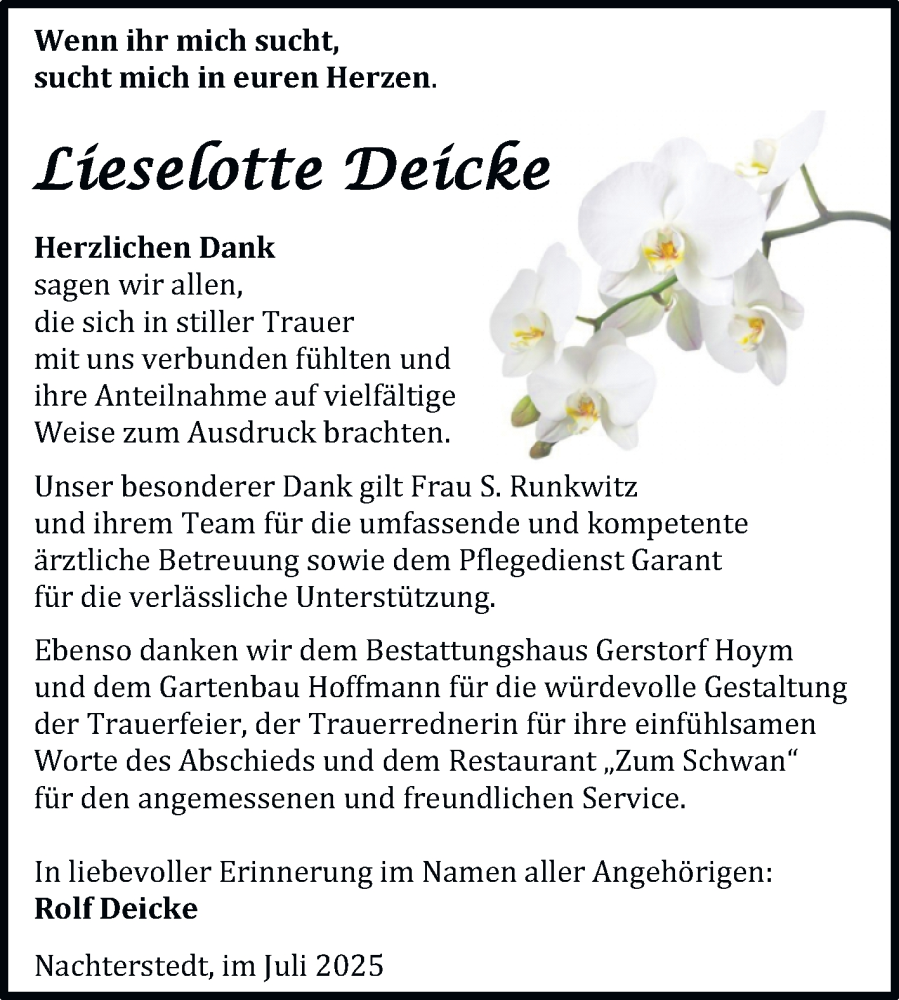  Traueranzeige für Lieselotte Deicke vom 09.08.2025 aus Trauerkombi Aschersleben