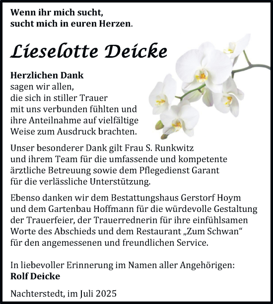 Traueranzeige von Lieselotte Deicke von Trauerkombi Aschersleben