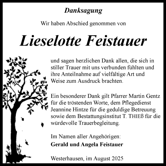 Traueranzeige von Lieselotte Feistauer von Trauerkombi Quedlinburg