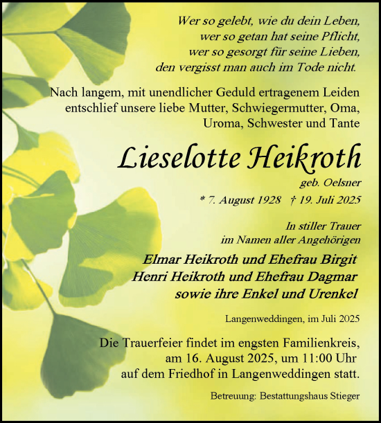 Traueranzeige von Lieselotte Heikroth von Volksstimme Oschersleben/Wanzleben