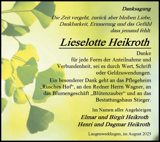 Traueranzeige von Lieselotte Heikroth von Volksstimme Oschersleben/Wanzleben