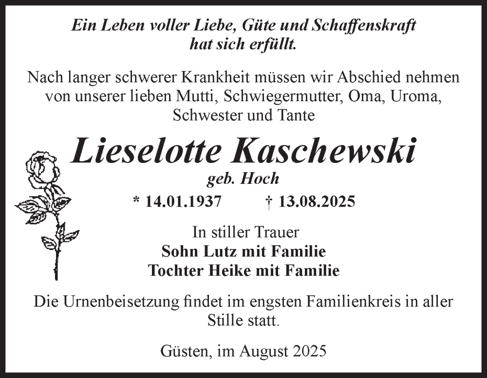  Traueranzeige für Lieselotte Kaschewski vom 16.08.2025 aus Volksstimme Staßfurt
