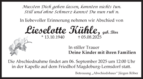 Traueranzeige von Lieselotte Kühle von Volksstimme Magdeburg
