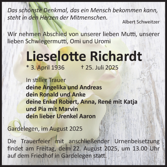 Traueranzeige von Lieselotte Richardt von Volksstimme Altmark West