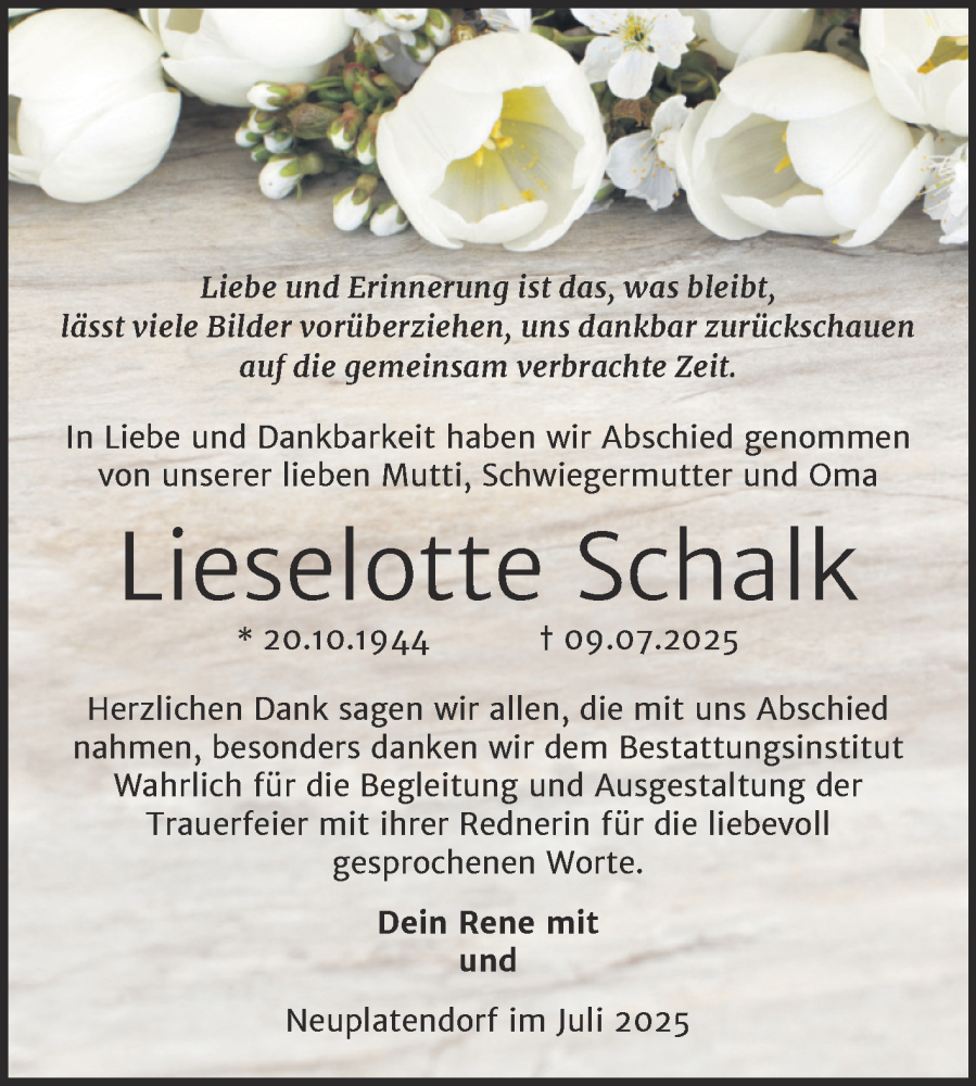  Traueranzeige für Lieselotte Schalk vom 14.08.2025 aus Trauerkombi Mansfelder Land