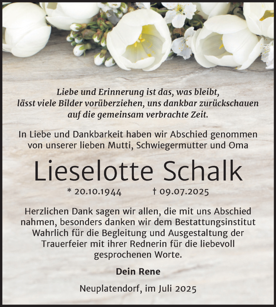  Traueranzeige für Lieselotte Schalk vom 16.08.2025 aus Trauerkombi Mansfelder Land