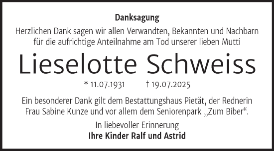 Traueranzeige von Lieselotte Schweiss von Trauerkombi Wittenberg