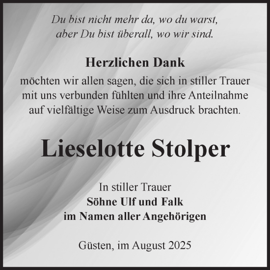Traueranzeige von Lieselotte  Stolper 