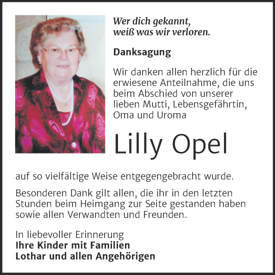 Traueranzeige von Lilly Opel von Trauerkombi Merseburg