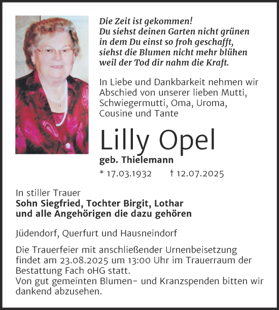 Traueranzeige von Lilly Opel von Trauerkombi Merseburg