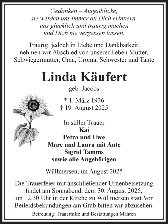 Traueranzeige von Linda Käufert von Volksstimme Altmark West