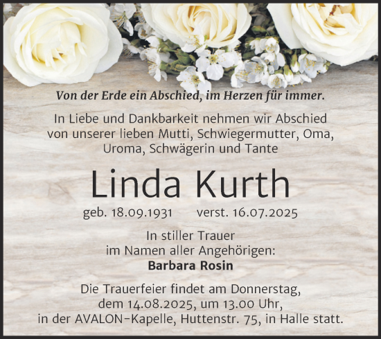 Traueranzeige von Linda Kurth 