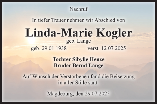 Traueranzeige von Linda-Marie Kogler von Volksstimme Magdeburg