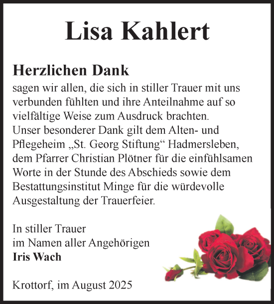 Traueranzeige von Lisa Kahlert von Volksstimme Oschersleben/Wanzleben
