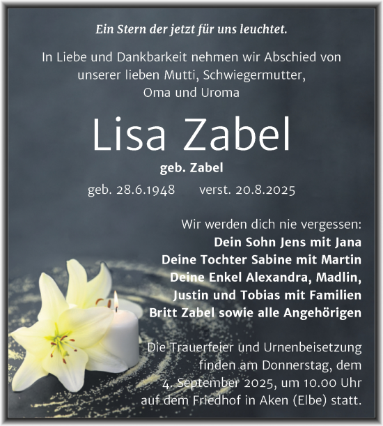 Traueranzeige von Lisa Zabel von Trauerkombi Köthen
