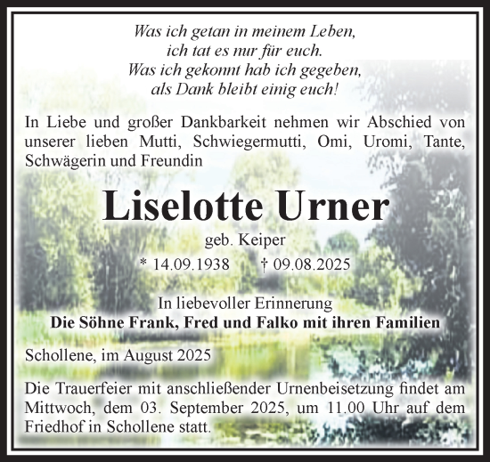Traueranzeige von Liselotte Urner von Volksstimme Altmark Ost