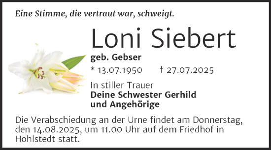 Traueranzeige von Loni Siebert von Trauerkombi Sangerhausen