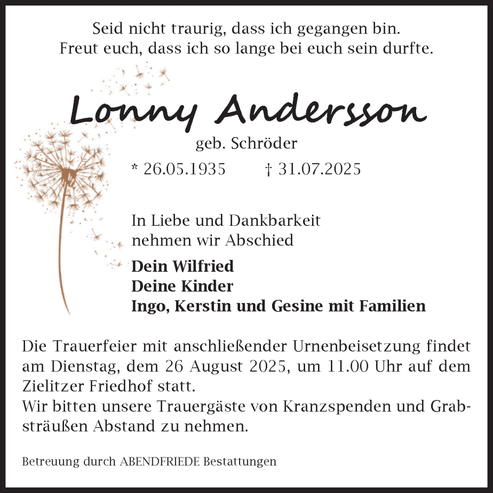  Traueranzeige für Lonny Andersson vom 16.08.2025 aus Volksstimme Haldensleben/Wolmirstedt