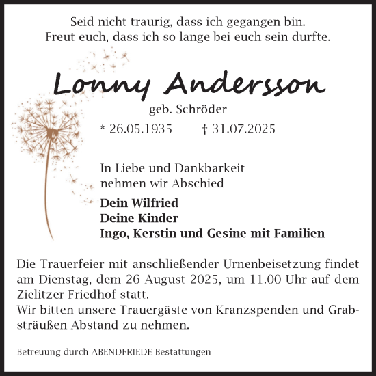 Traueranzeige von Lonny Andersson von Volksstimme Haldensleben/Wolmirstedt