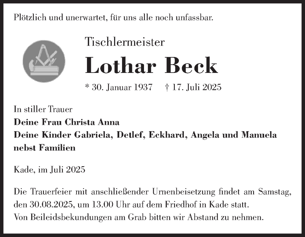  Traueranzeige für Lothar Beck vom 02.08.2025 aus Volksstimme Burg/Genthin