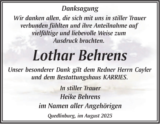 Traueranzeige von Lothar Behrens von Trauerkombi Quedlinburg