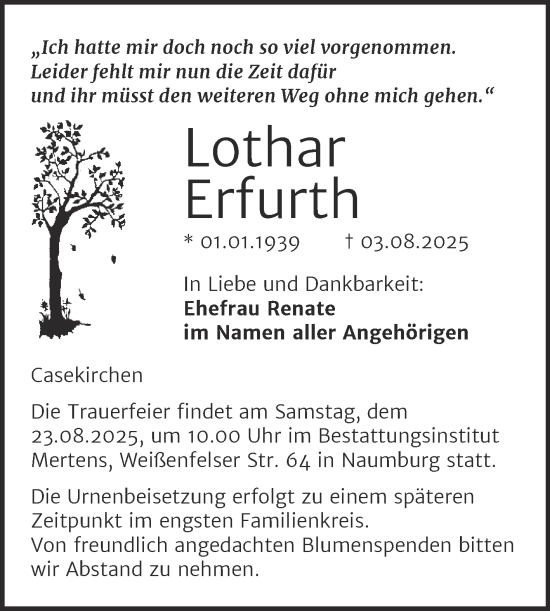 Traueranzeige von Lothar Erfurth von Super Sonntag Naumburg/Nebra