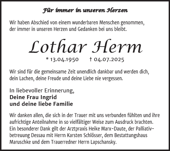 Traueranzeige von Lothar Herm von Trauerkombi Bitterfeld