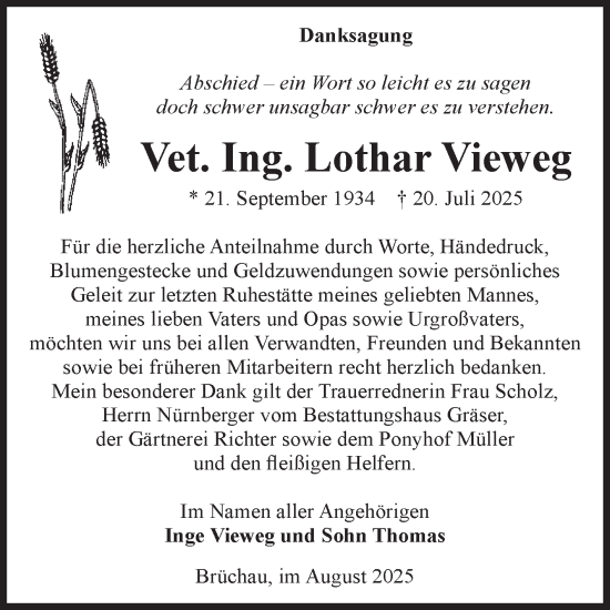 Traueranzeige von Lothar Vieweg von Volksstimme Altmark West