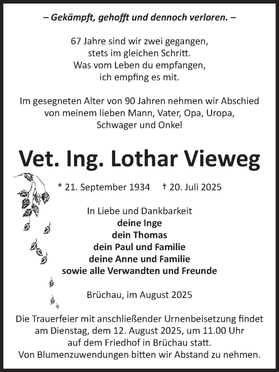 Traueranzeige von Lothar Vieweg von Volksstimme Altmark West