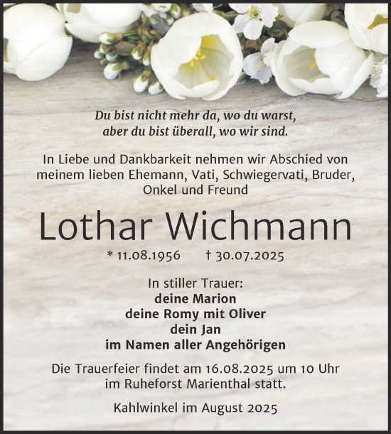 Traueranzeige von Lothar Wichmann von Super Sonntag Naumburg/Nebra