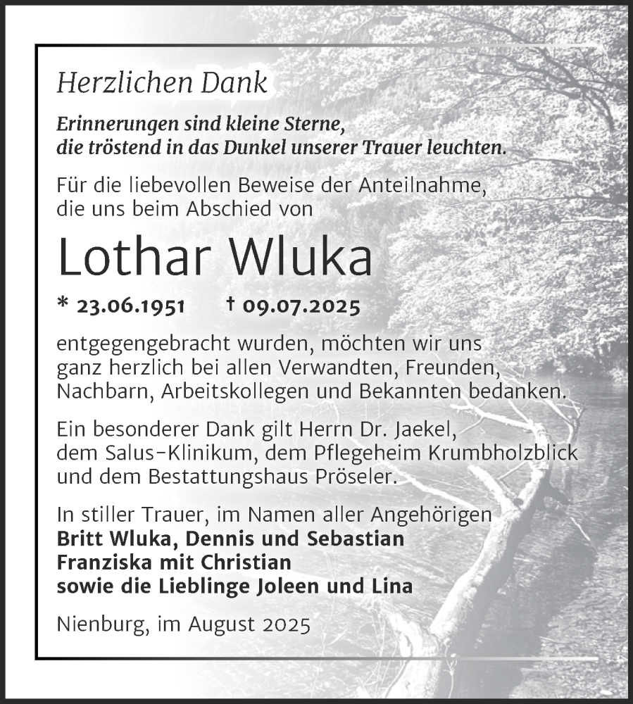  Traueranzeige für Lothar Wluka vom 02.08.2025 aus Trauerkombi Bernburg