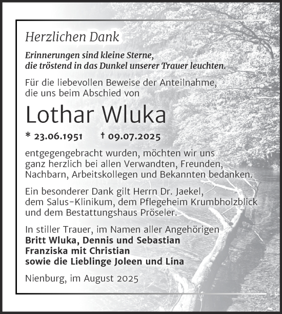 Traueranzeige von Lothar Wluka von Trauerkombi Bernburg