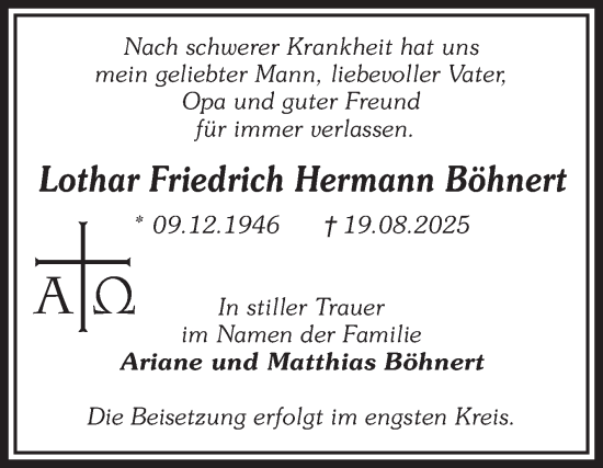 Traueranzeige von Lothar Friedrich Hermann Böhnert von Volksstimme Magdeburg