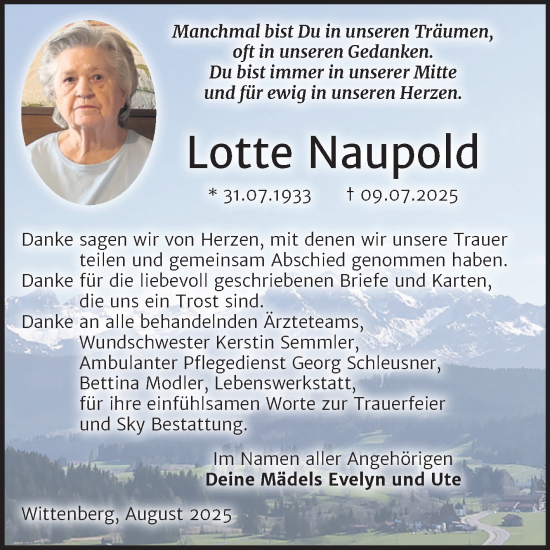 Traueranzeige von Lotte Naupold von Trauerkombi Wittenberg