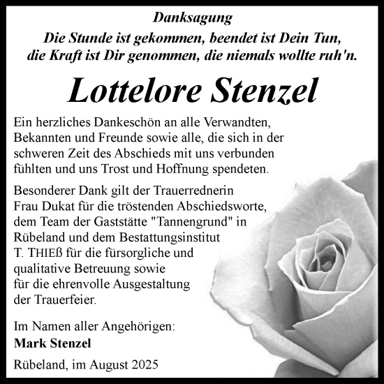 Traueranzeige von Lottelore Stenzel von Volksstimme Wernigerode