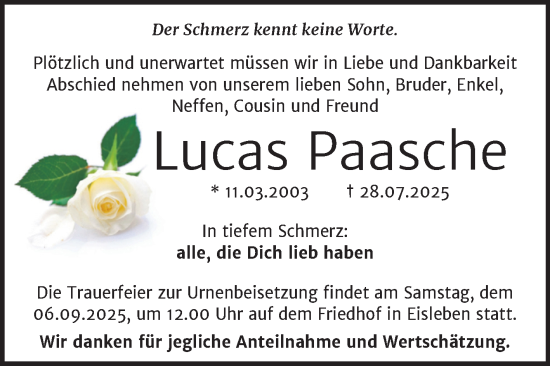 Traueranzeige von Lucas Paasche von Trauerkombi Mansfelder Land