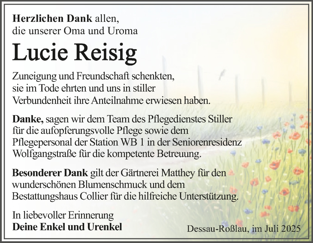  Traueranzeige für Lucie Reisig vom 02.08.2025 aus Trauerkombi Dessau